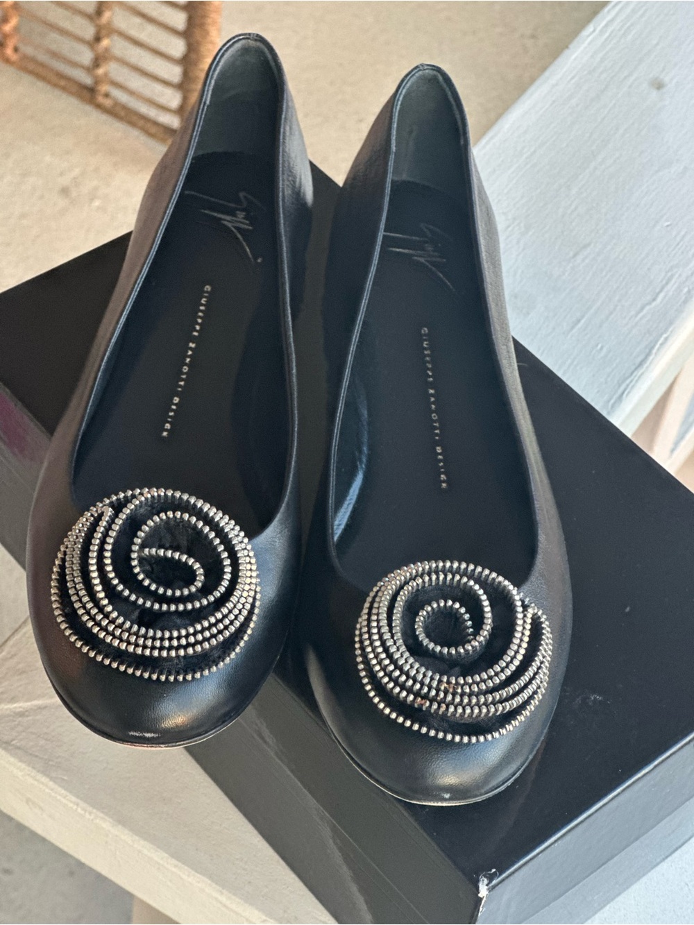 Giuseppe Zanotti Black Leather Ballet Flats with Spiral Crystal Rosette new